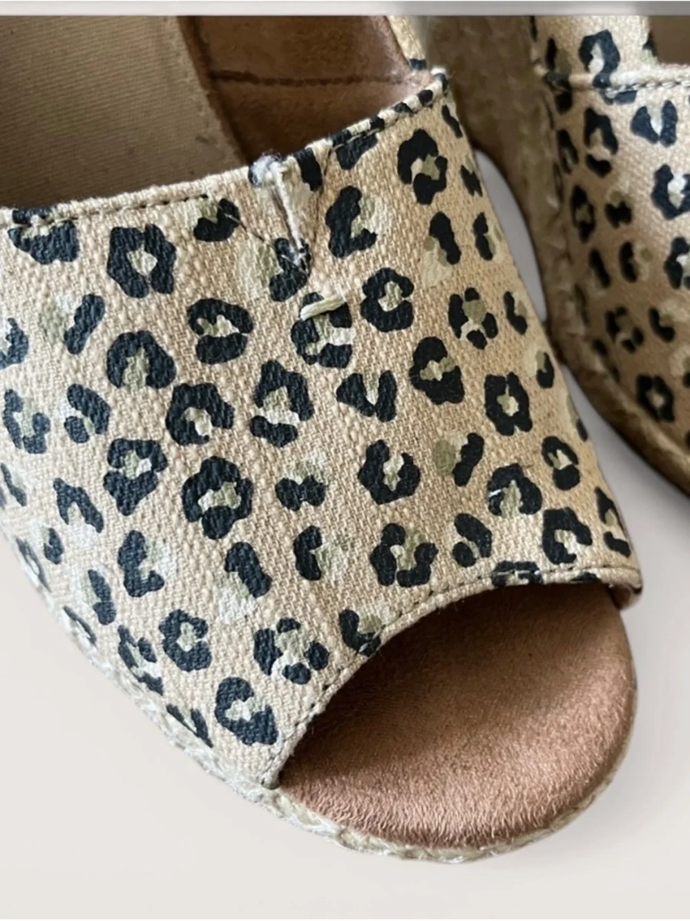 Toms Tan and Black Leopard Animal Print Wedge Peep Toe Sandals